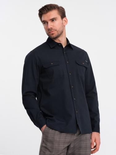 Ombre Men's REGULAR FIT cotton shirt with buttoned pockets - navy blue