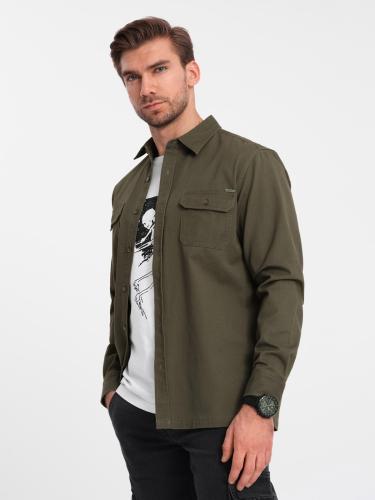 Ombre Men's REGULAR FIT cotton shirt with buttoned pockets - olive