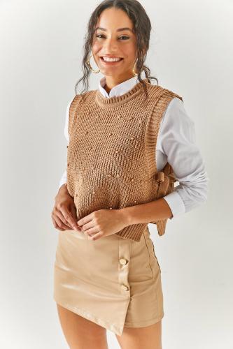 Olalook Women's Biscuit Tie Side Pearl Garnish Knitwear Sweater