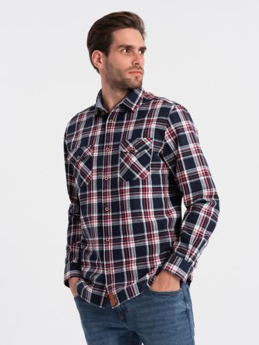 Ombre Men's flannel shirt with buttoned pockets - red and navy blue OM-SHCS