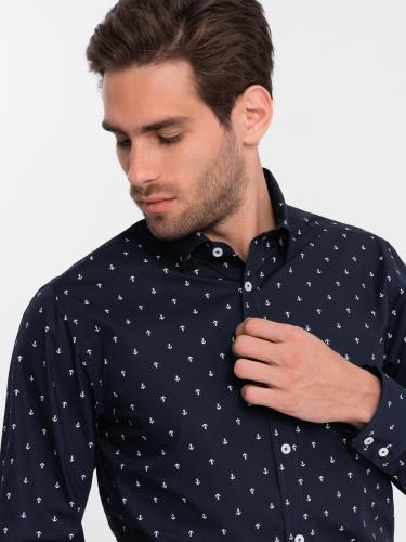 Ombre Classic men's cotton SLIM FIT shirt in anchors - navy blue