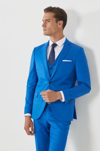 ALTINYILDIZ CLASSICS Men's Saks Blue Extra Slim Fit Slim Fit Mono Collar Pick Patterned Vest Suit