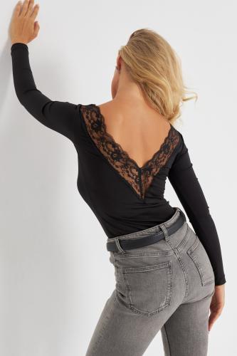 Cool & Sexy Women's Black Lace Detailed V-Neck Blouse