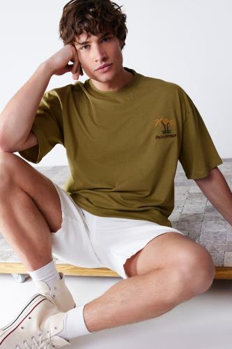 Trendyol Men's Khaki Oversize Tropical Embroidery 100% Cotton T-Shirt