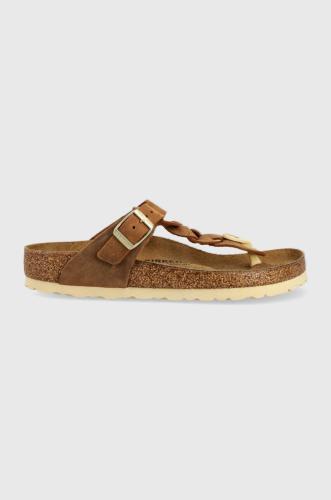 Δερμάτινες σαγιονάρες Birkenstock Gizeh Braided γυναικείες, χρώμα: καφέ