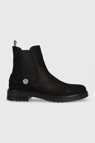 Σουέτ μπότες τσέλσι Tommy Hilfiger Th Coin Flat Boot γυναικεία, χρώμα: μαύρο,