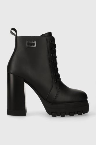 Δερμάτινες μπότες Tommy Jeans TJW HIGH HEEL LACE UP BOOT γυναικείες, χρώμα: μαύρο, EN0EN02408