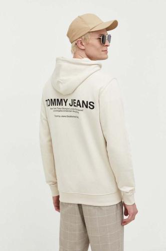Βαμβακερή μπλούζα Tommy Jeans χρώμα: μπεζ, με κουκούλα