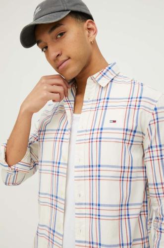 Βαμβακερό πουκάμισο Tommy Jeans ανδρικό, χρώμα: μπεζ