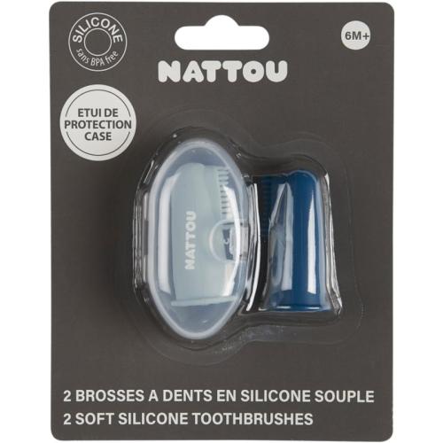NATTOU Baby Toothbrush Οδοντόβουρτσα σιλικόνης για παιδιά με τσάντα Petrol Blue / Aqua Blue 2 τμχ