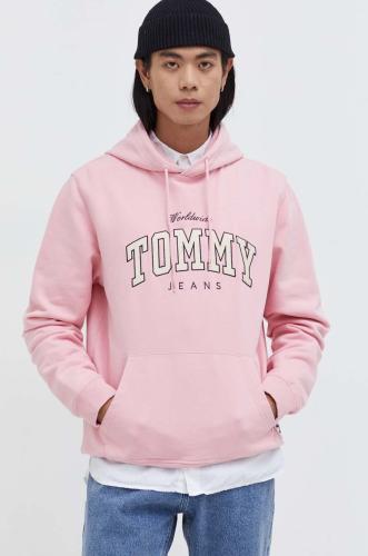 Βαμβακερή μπλούζα Tommy Jeans χρώμα: ροζ, με κουκούλα