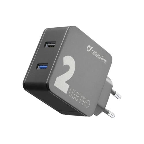 Φορτιστής Πρίζας Cellular Line με 2 Θύρες USB-A - Μαύρο