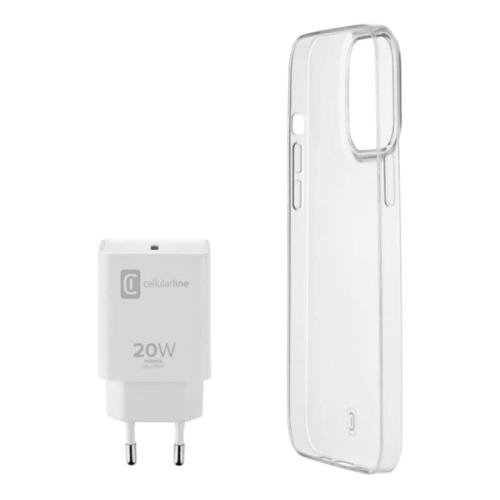 Πακέτο Φορτιστής Πρίζας Ταξιδίου USB-C 20W + Διάφανη Θήκη Cellular line για iPhone 13 Mini