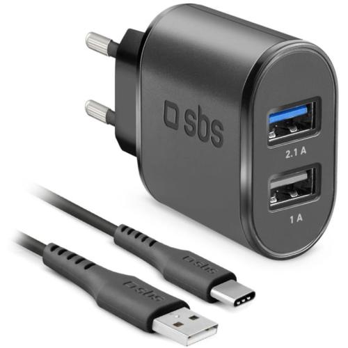 Σετ Φόρτισης SBS με 2 USB-A και καλώδιο USB-C - Μαύρο