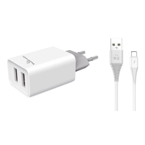 Powertech Φορτιστής Τοίχου Και Καλώδιο Usb Type-c Pt-776, 2x Usb, 2.1a