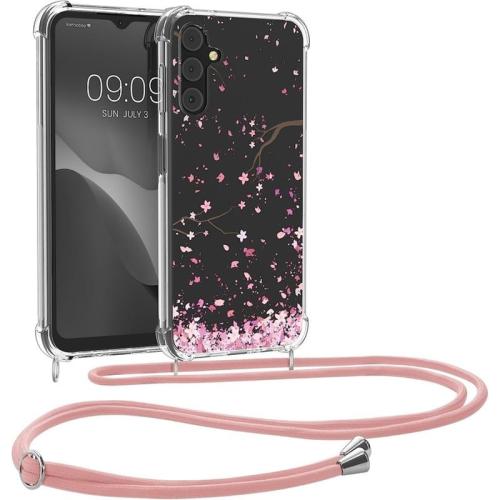 Θήκη Σιλικόνης Samsung Galaxy A14 - Kwmobile Διάφανη Θήκη Σιλικόνης με Λουράκι Λαιμού - Cherry Blossoms / Cherry Petals / Pink / Dark Brown / Transparent