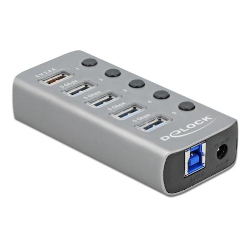 Usb Hub Delock 5x Με Διακόπτες 63262, 3.2, Gen 1, 5gbps, 2.4a, Γκρι