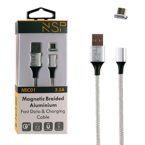 Nsp Micro Usb Φορτισησ-data Magnetic Braided Nsc01 3.5a Qc 2.0 1m Silver